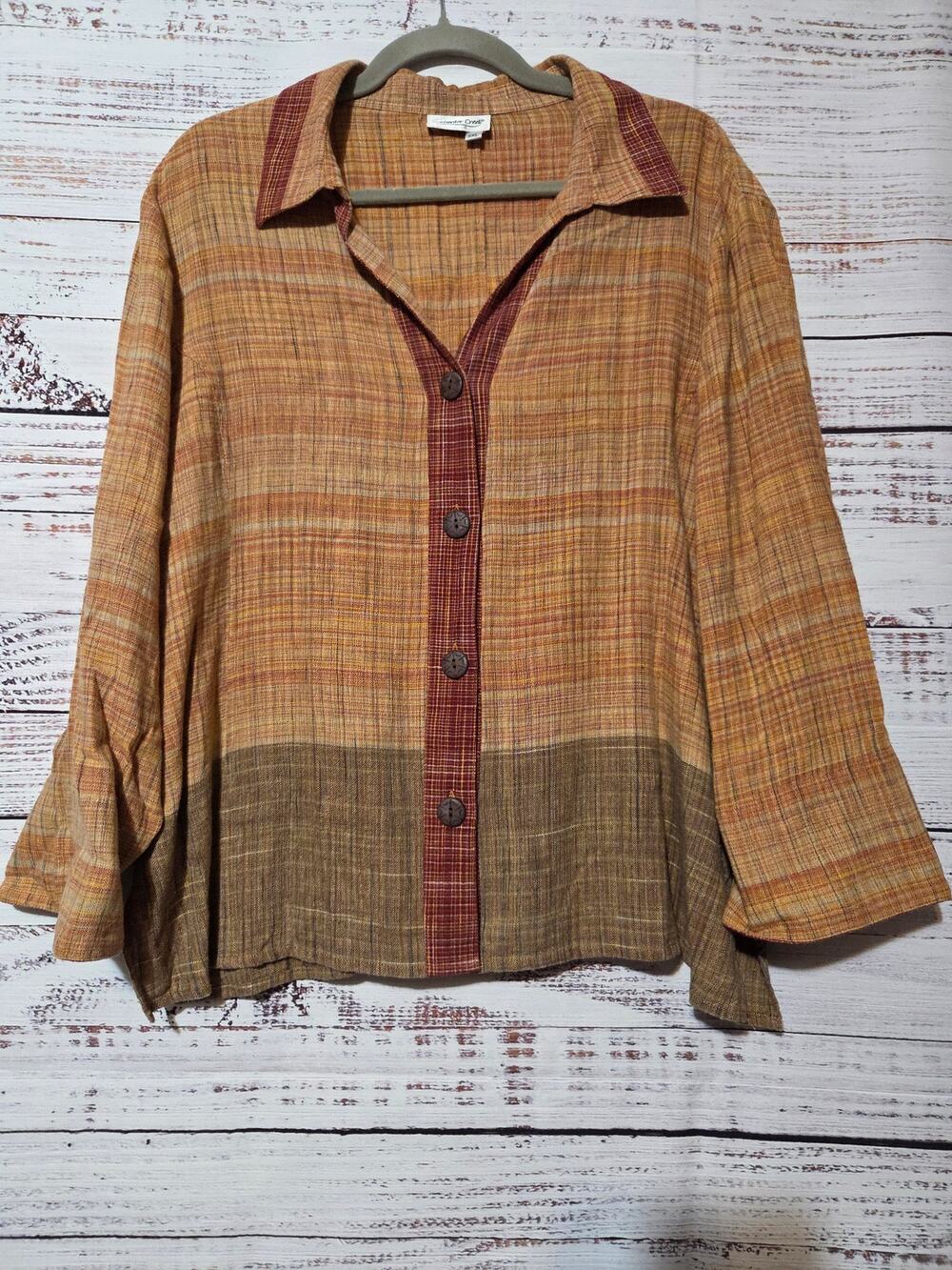Coldwater Creek Shirt Ladies XXL Button Up Gauze Wooden Button Tan